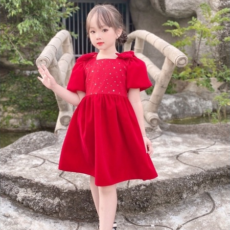 Váy cho bé gái Mykids váy nhung đỏ thu đông thiết kế tay 2 lớp siêu xinh cho bé 8-32kg