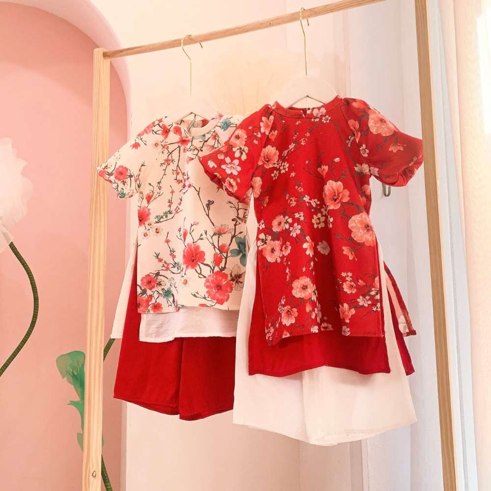 Áo dài cách tân bé gái mặc tết hoa màu hồng xanh tím vàng đỏ xòe cho bé đi chơi, lễ tết có size tới 24Kg