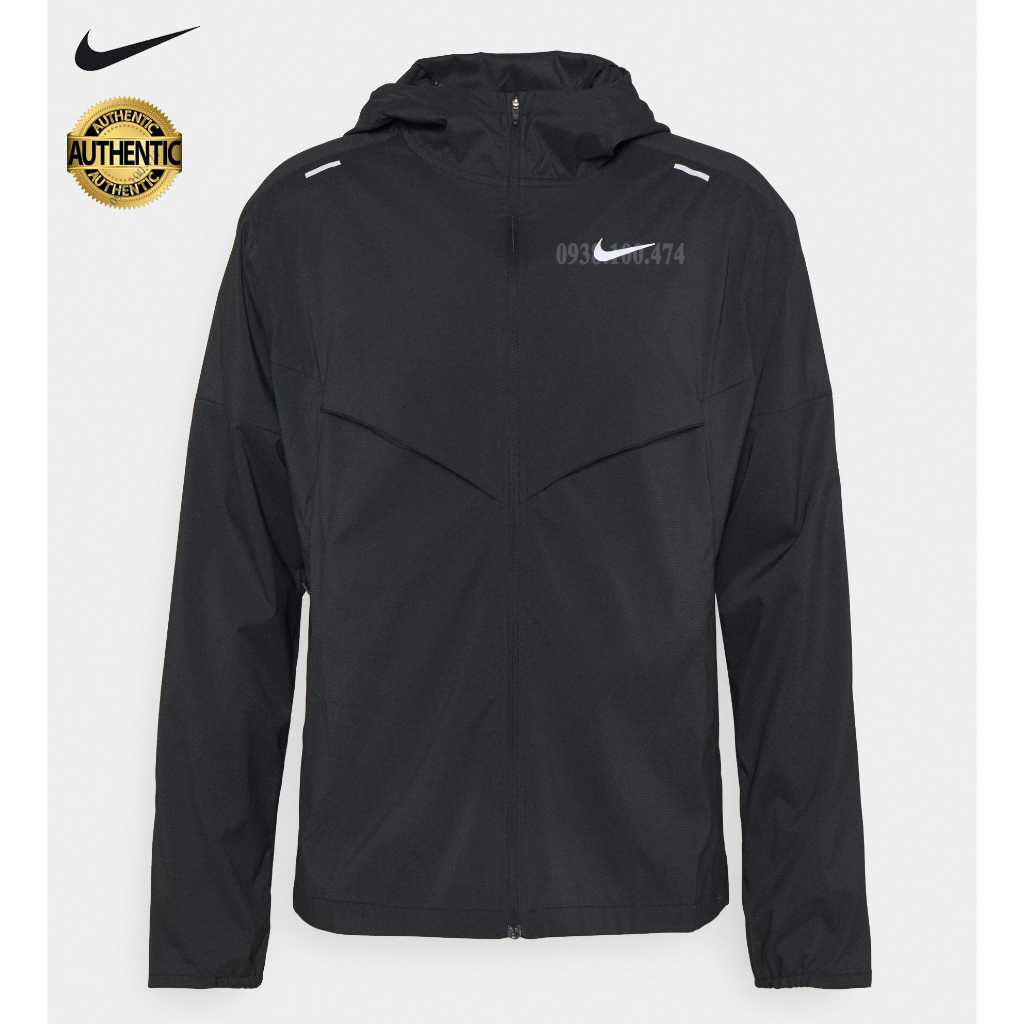 Áo khoác nam Nike chính hãng 1 lớp màu đen có mũ trùm đầu logo đánh flash phản quang có túi zip 2 bên và túi trong