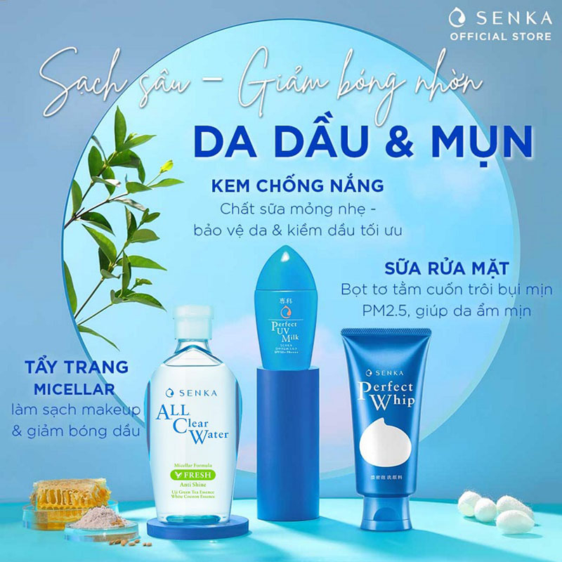 Combo Senka Làm Sạch Chống Nắng Kiềm Dầu Hoàn Hảo (Water Fresh 230ml + Perfect Whip 120g + UV Milk 40ml)