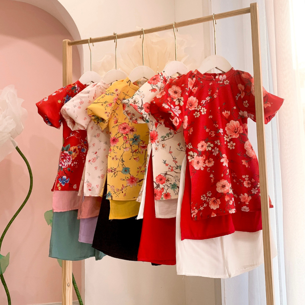 Áo dài cách tân bé gái mặc tết hoa màu hồng xanh tím vàng đỏ xòe cho bé đi chơi, lễ tết có size tới 24Kg