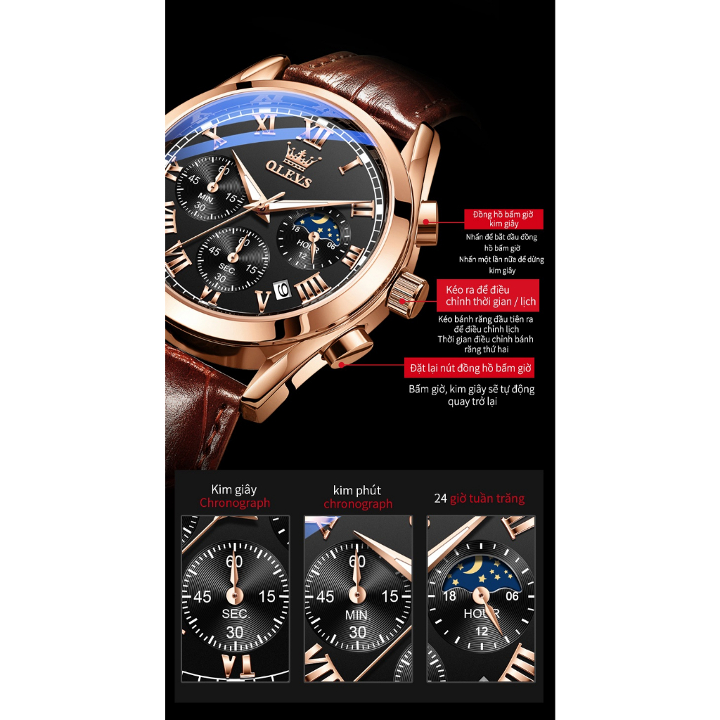 Đồng hồ nam OLEVS 2871 Lịch chuyển động thạch anh Mặt số phát sáng chống thấm nước-bảo hành 12 tháng