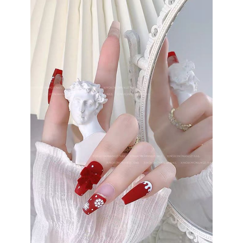 Charm nơ nhung màu đỏ đô gắn móng tay