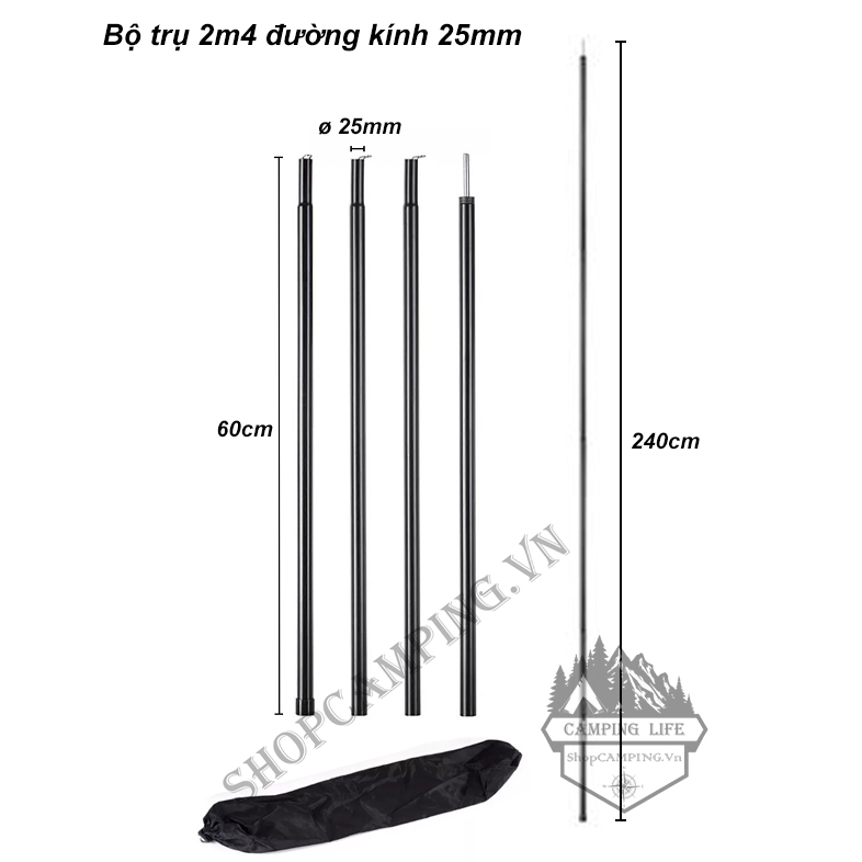 Bộ trụ 2 cây chống tăng lều phi 16mm,19mm, 25mm kèm túi đựng cắm trại dã ngoại - Camping VietNam