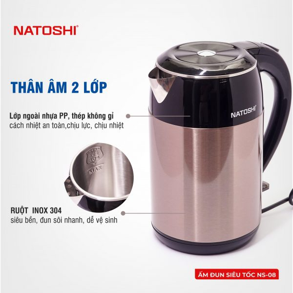 Ấm siêu tốc, bình đun nước siêu tốc Natoshi N08, inox 304 siêu bền, công suất 1800W, bảo hành 12 tháng