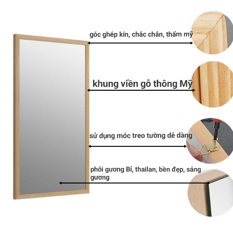 Gương soi khung viền gỗ tự nhiên để bàn trang điểm, treo tường, treo n