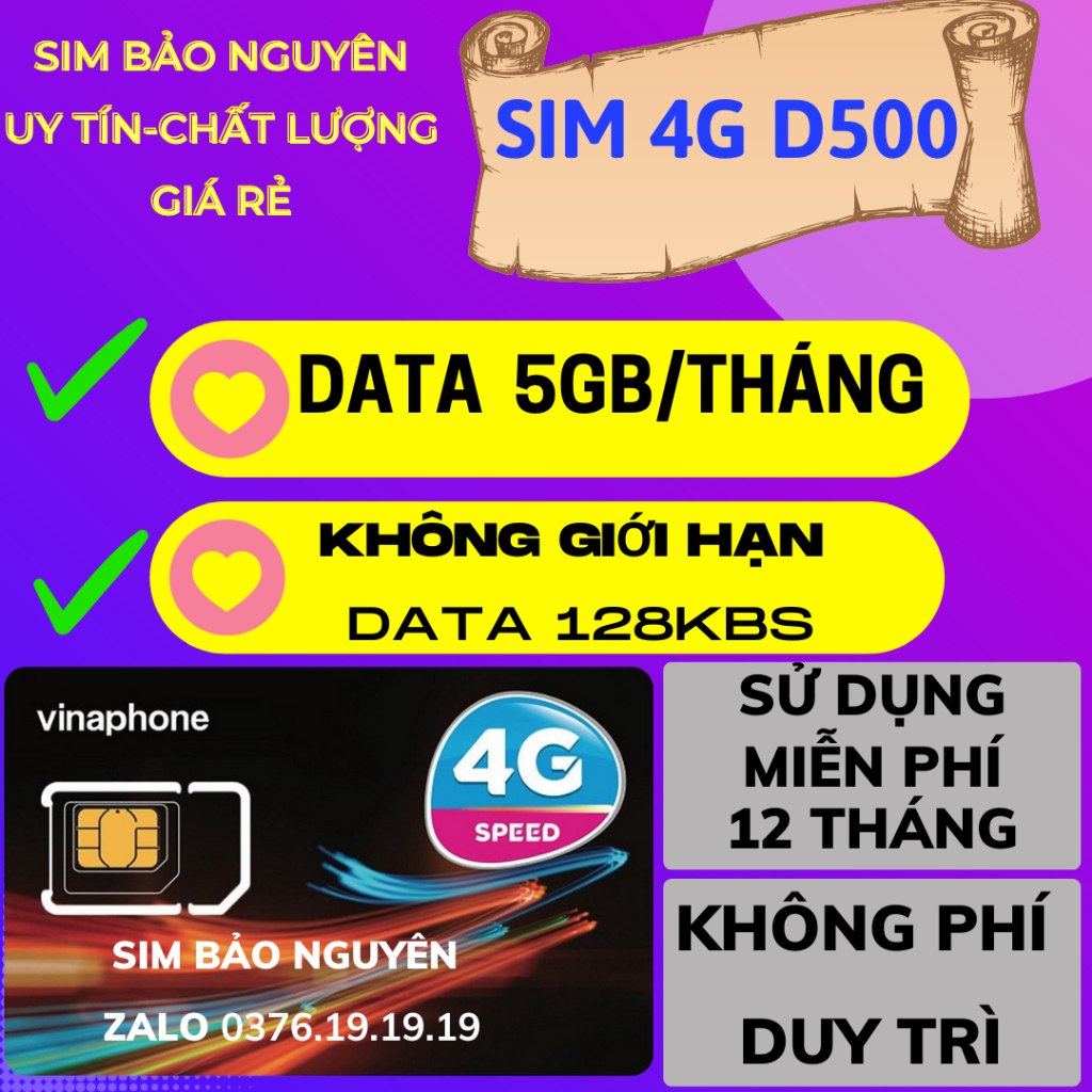 Sim 4G D500 Trọn Gói 1 Năm. 12UMAX90,6UMAX90,D500 12MAX90 Data Không giới hạn. Sim 4G Siêu Ưu Đãi Data