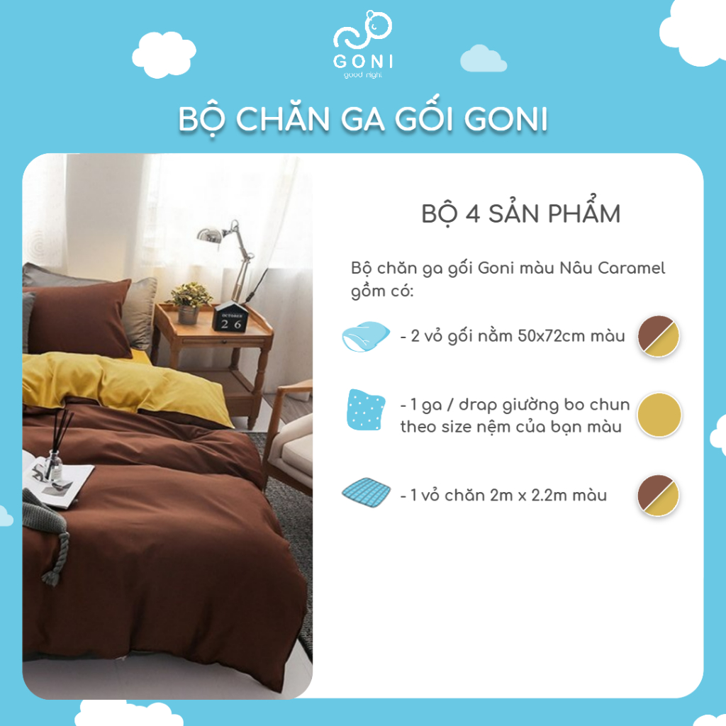 Bộ Chăn Ga Gối Cotton Tici GONI Drap Giường Phối Màu Nâu Caramel Đủ Kích Thước Trải Nệm Không Kèm Ruột