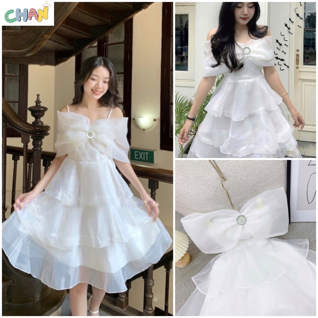 Váy Trễ Vai Công Chúa 3 Tầng Màu Trắng, Đầm Dự Tiệc Nữ Sống Ảo Màu Trắng