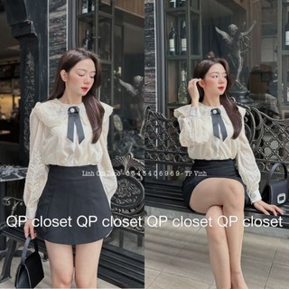 Áo sơ mi thêu cổ nơ đá QP