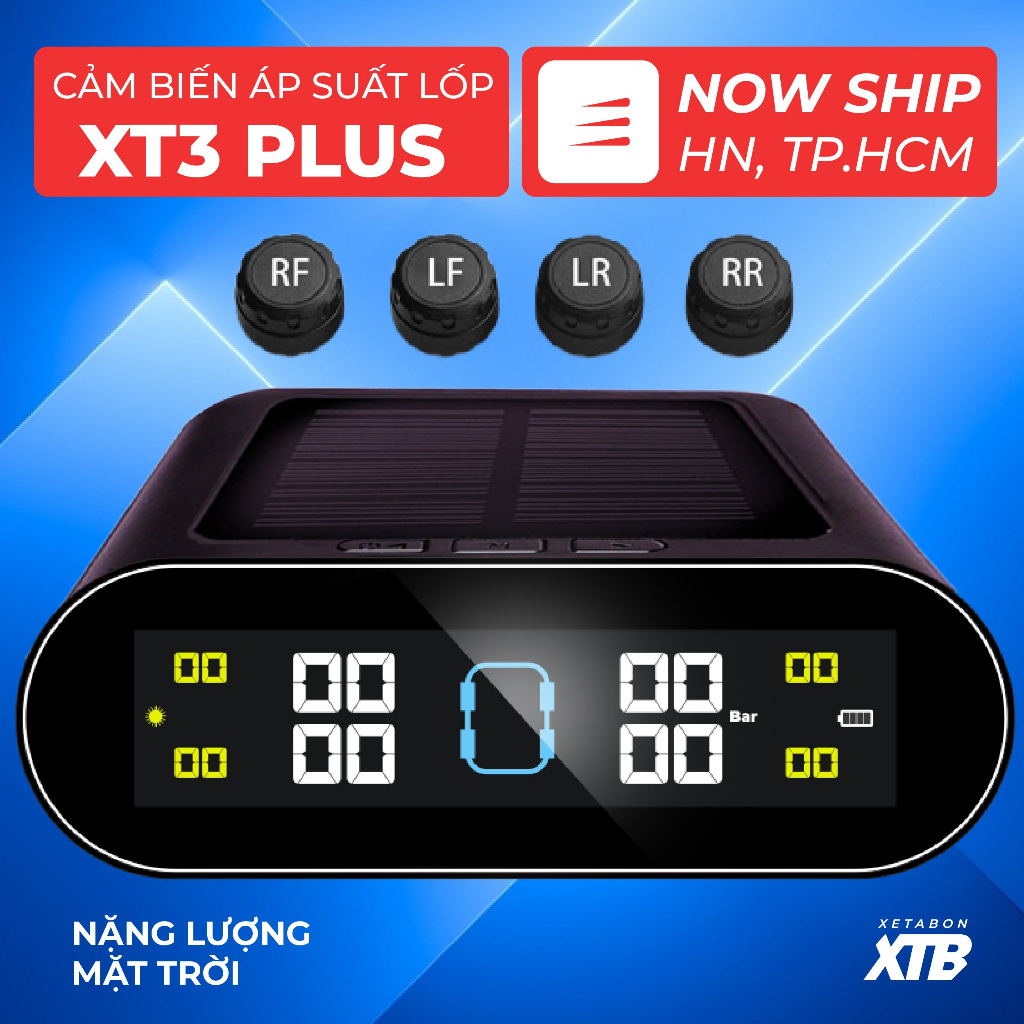 Cảm biến áp suất lốp ô tô xe hơi van ngoài cao cấp XETABON Pin sạc năng lượng mặt trời, màn hình LCD, cảnh báo nổ lốp