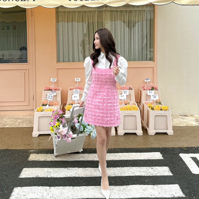 TINGOAN® - Váy liền tweed lông lấp lánh hồng cúc đính kim loại viền xích ROYAL BABY DRESS/PK