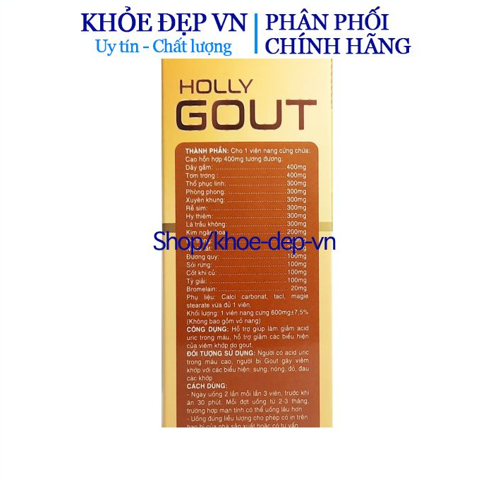 Viên uống Holly Gout giúp giảm sưng, đau nhức khớp ngón chân, bàn chân do gout - hộp 30 viên