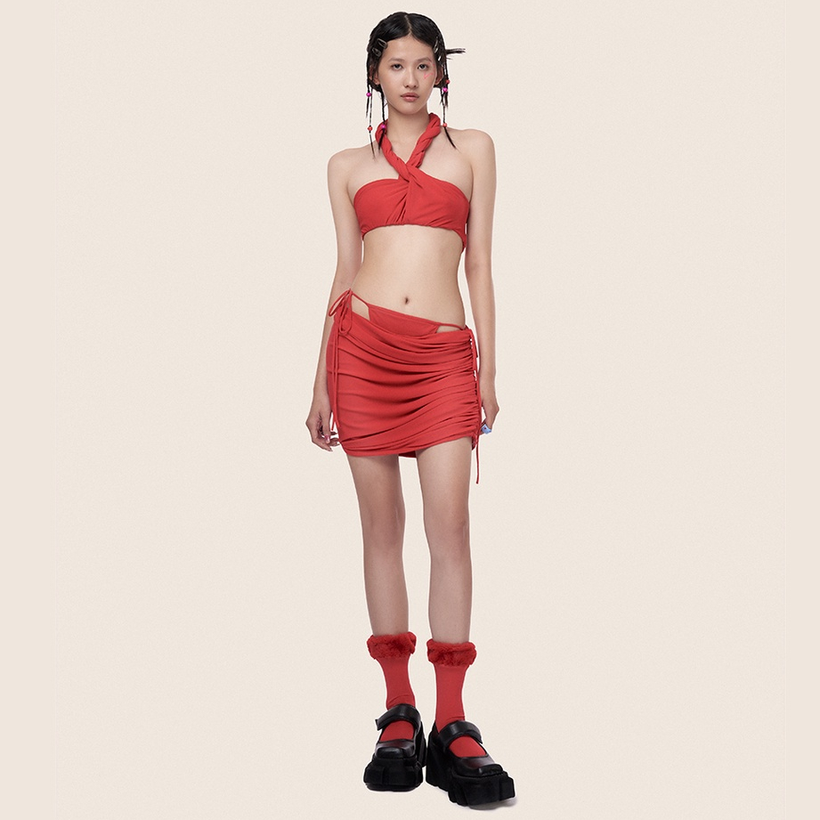 70% OFF set aeie jr. CROISSANT SET áo xoắn dây cổ,nhún thun lưng, váy nhún, đổ lưng phối quần bikini