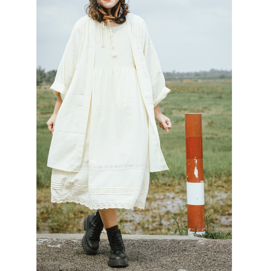 Váy Cổ Tròn Tay Phồng Phối Ren Hội Vintage/Mori Vui Thu Đông Xinh