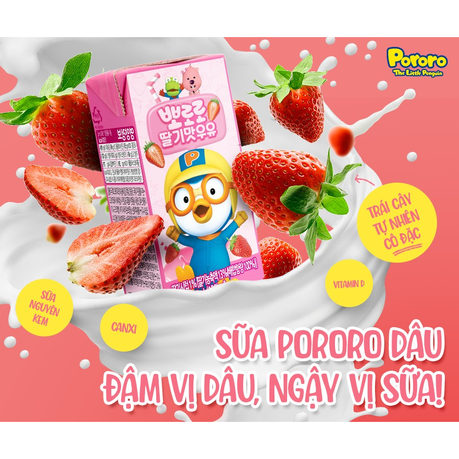 Sữa Dinh Dưỡng Pororo Hàn Quốc Vị  Dâu Sữa Tươi Pororo Hộp 190ml (hsd:T9/2024)