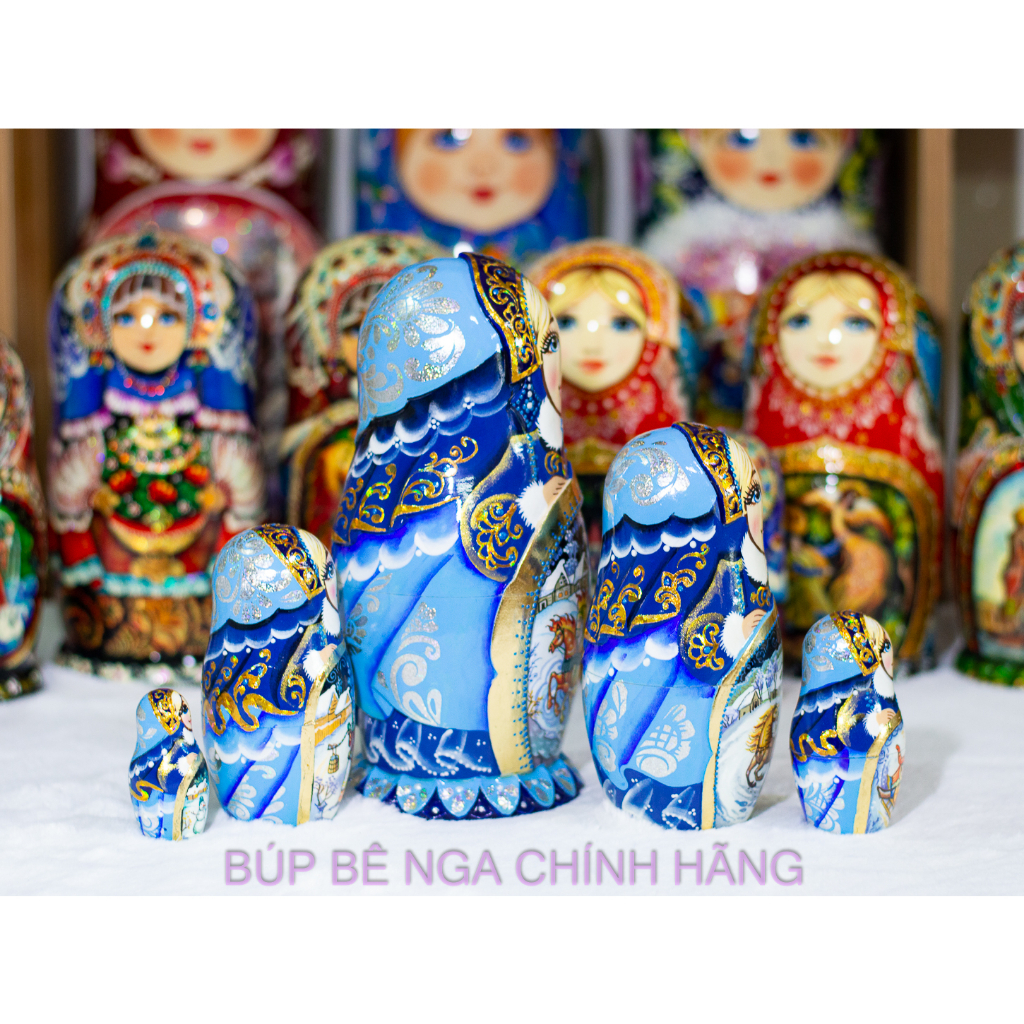 (CỰC ĐẸP) BỘ BÚP BÊ NGA 5 LỚP 20CM CAO CẤP ĐẶC BIỆT, HOA VĂN ĐIÊU KHẮC CHẠM NỔI &quot;CÔNG CHÚA MÙA ĐÔNG&quot;