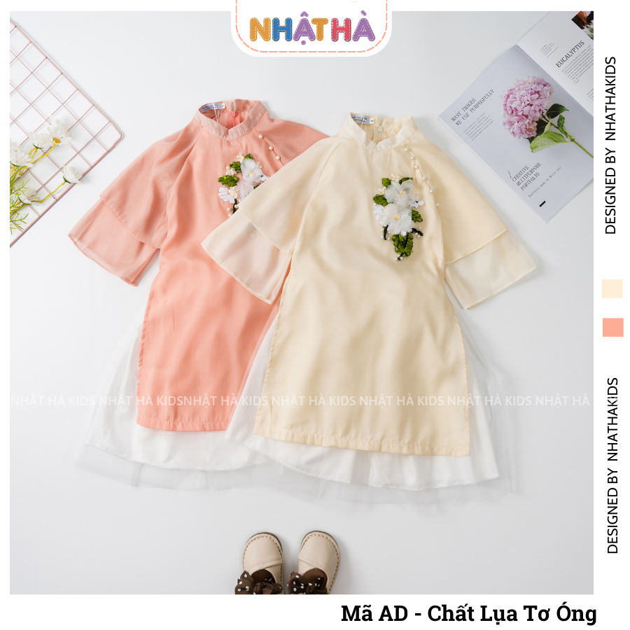 Áo dài cách tân cho bé gái mặc tết AD chất liệu lụa tơ óng mềm mại đính hoa đá siêu xinh size đại từ 11-45kg