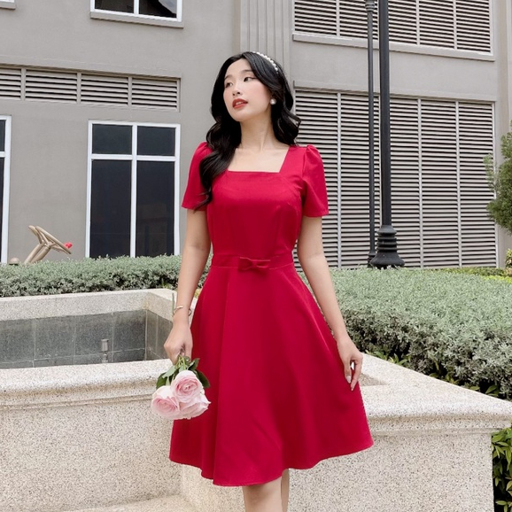 Đầm Nữ NHẬT VY Cổ Vuông Phối Nơ Chiết Eo Tay Ngắn Chất Kaki Thun Công Sở Dáng Xòe Màu Xanh, Đỏ, Đen - D2196