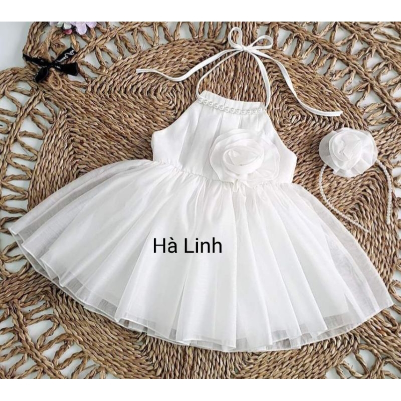 Đầm công chúa bé gái, váy 2dây cổ yếm ngọc cho bé chụp ảnh, thôi nôi.