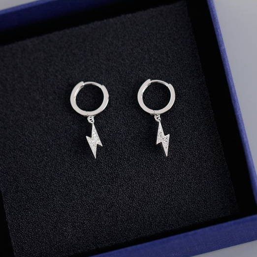 Khuyên tai nam nữ bạc 925 mạ vàng dáng tròn hình tia chớp đính đá cá tính, unisex (1 chiếc) | GEMY SILVER KN20