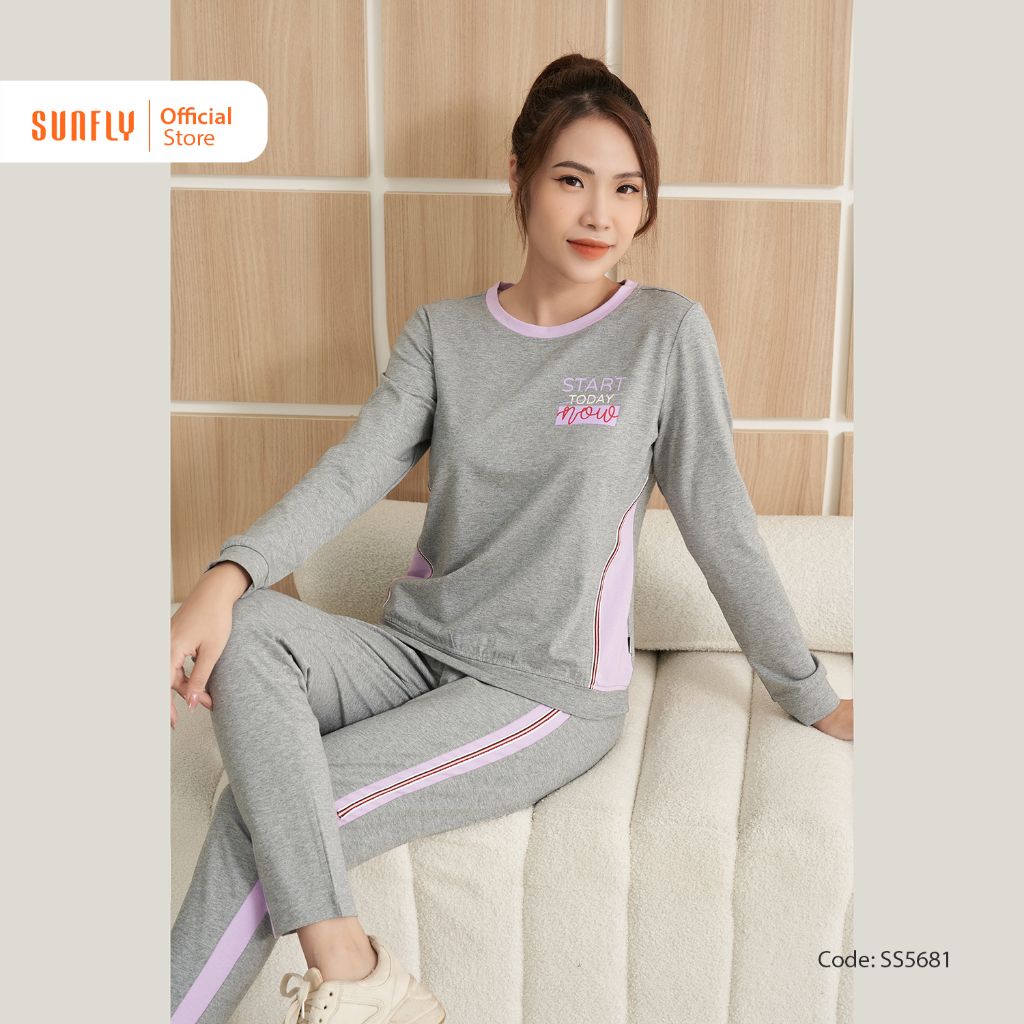 Bộ Đồ Mặc Nhà Thể Thao Cotton SUNFLY Áo Dài Quần Dài SS5681