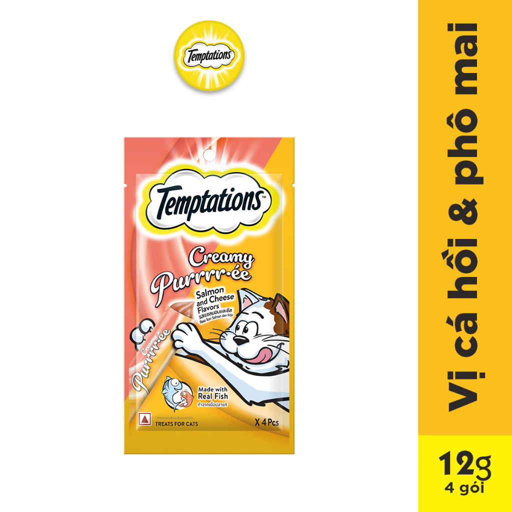 TEMPTATIONS Sốt thưởng - Creamy Purrrr-ée cho mèo lớn vị cá hồi và phô mai 48g