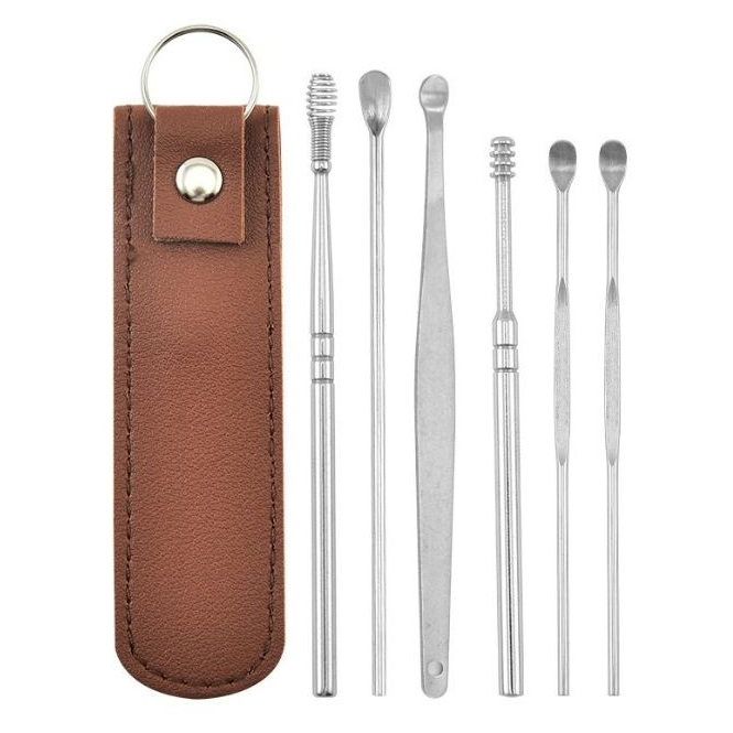 ✨✨Bộ Dụng Cụ Lấy Ráy Tai 6 Món Inox Cao Cấp. Set Ngoáy Tai Đựng Bao Da, Móc Khóa Ngỏ Gọn