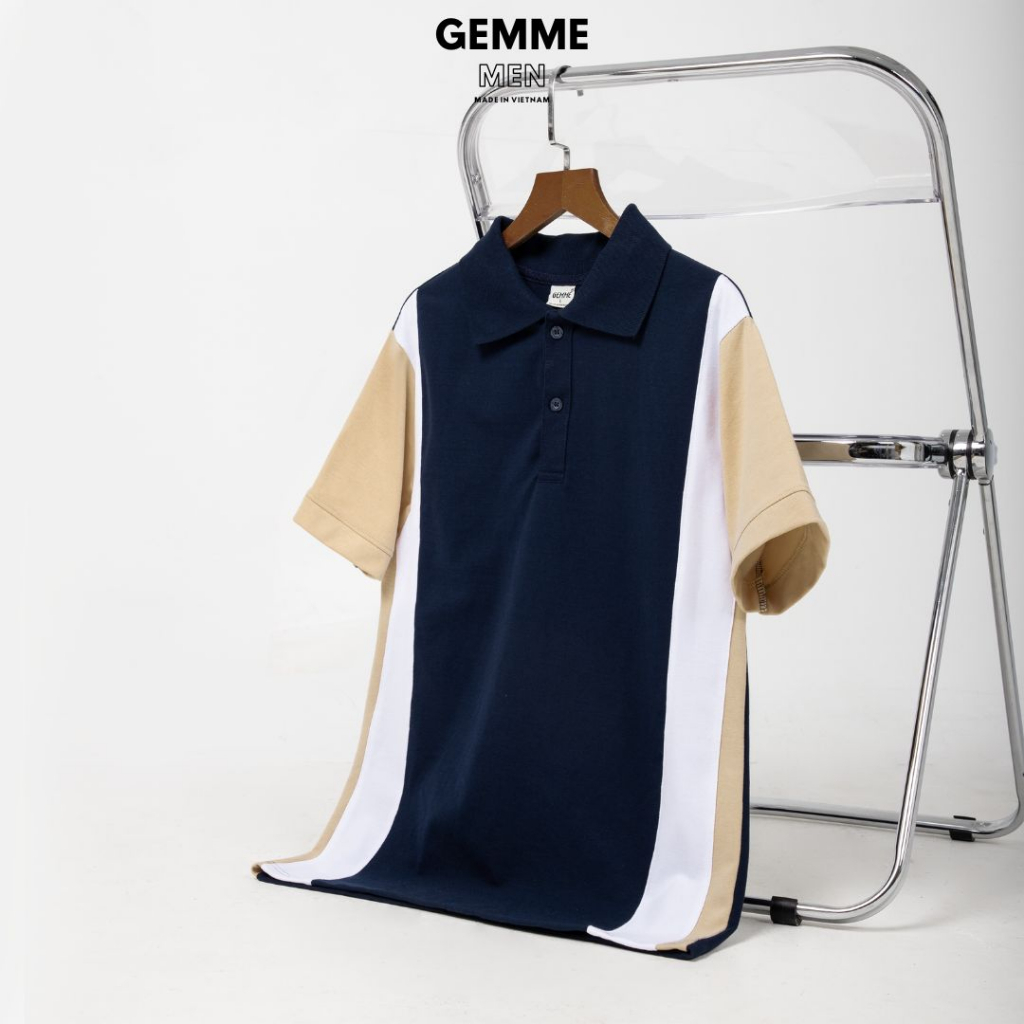 Áo thun polo big size GEMME MEN may phối vải xanh navy - trắng, chuẩn form, sang trọng, thanh lịch, Big Size 55 - 130kg