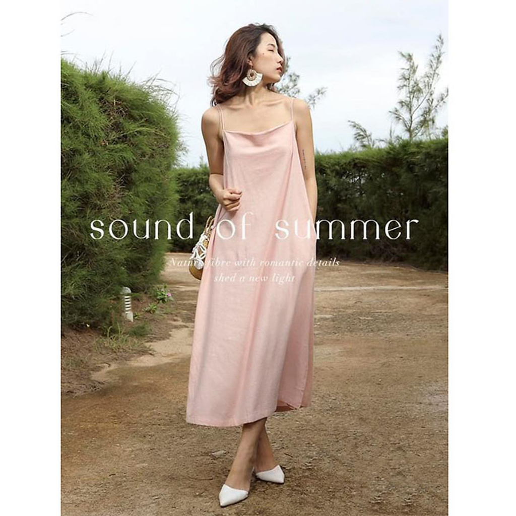 (TỔNG KHO LÂM ANH CHUYÊN SỈ) Đầm suông 2 dây cổ đổ trẻ trung, chất vải Linen nhập Hàn mềm mát (Hồng Phấn)