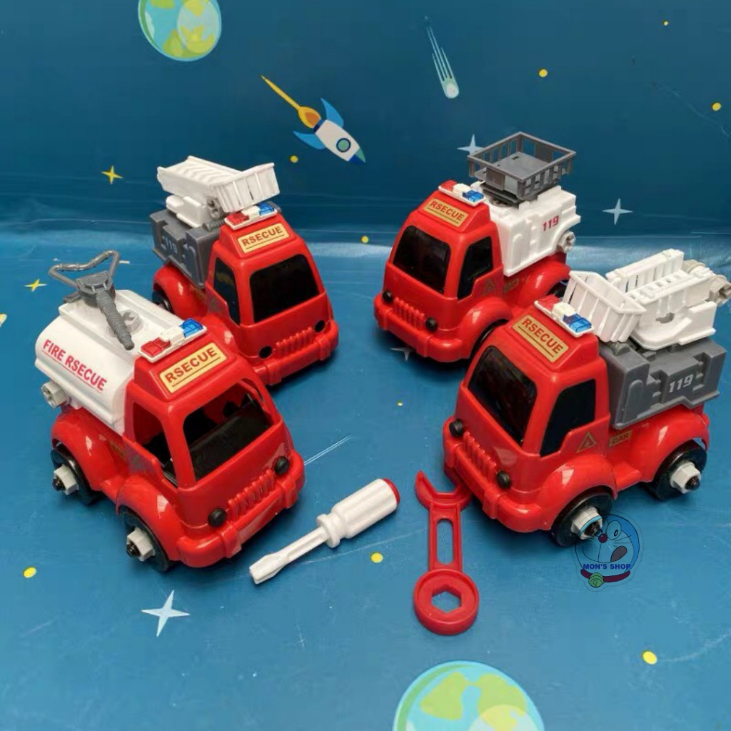 Set 4 chiếc xe cứu hoả bằng nhựa, dạng đồ chơi lắp ráp phát triển trí thông minh