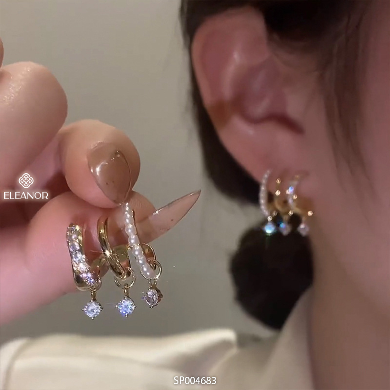 Bông tai nữ chuôi bạc 925 Eleanor Accessories đính đá ngọc trai nhân tạo phụ kiện trang sức dáng cong ba vòng