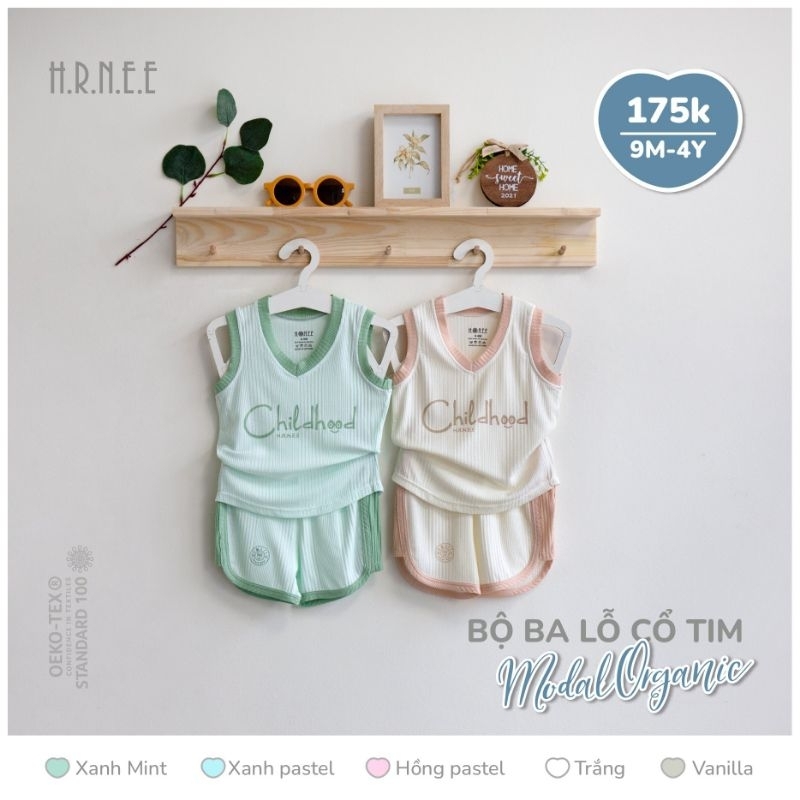 Hrnee - Bộ ba lỗ cổ tim modal organic cho bé trai từ 9M - 4T