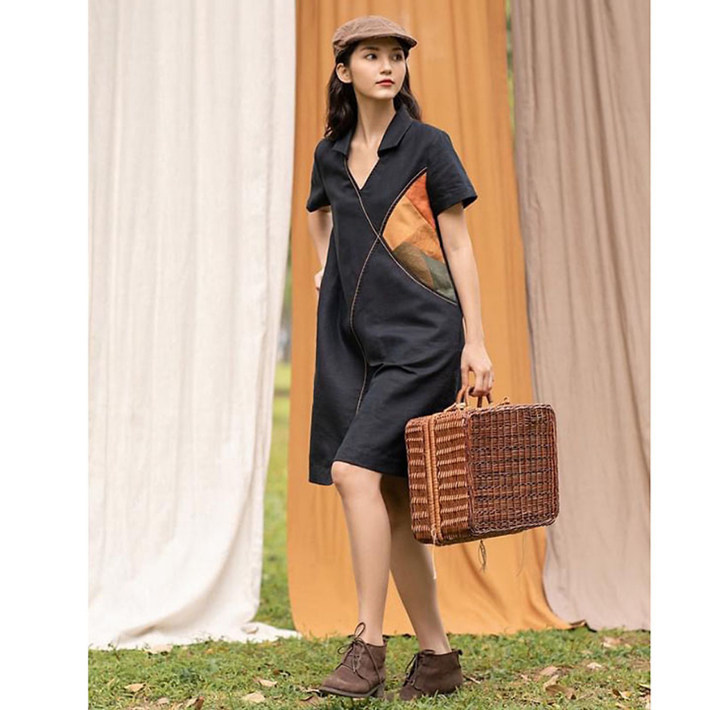 (TỔNG KHO LÂM ANH CHUYÊN SỈ) Đầm suông Linen Hàn cổ sơ mi phối vải trẻ trung sang trọng - Xanh đen