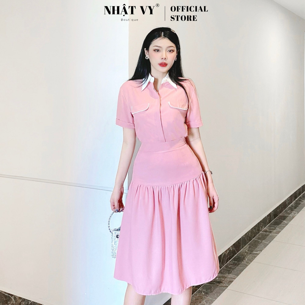 Set đi chơi Nhật Vy áo sơ mi tay ngắn kèm chân váy dáng xoè dài chất cotton phù hợp công sở cafe sang chảnh - D2539