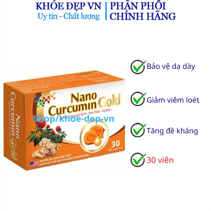 Viên uống Nano Curcumin Gold, giúp giảm tác hại của hoá trị, xạ trị, giảm viêm loét dạ dày - Hộp 30 viên