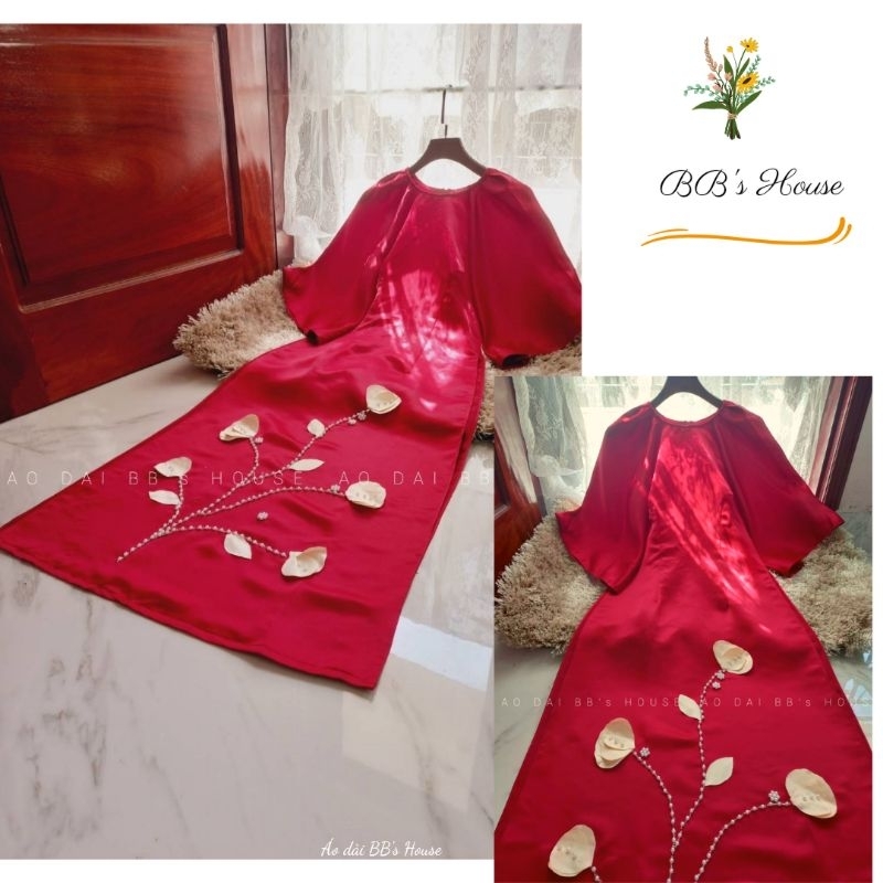 Áo dài cách tân vải tata kết tay hoa nổi sang chảnh, áo dài vai cách điệu xinh lắm nha