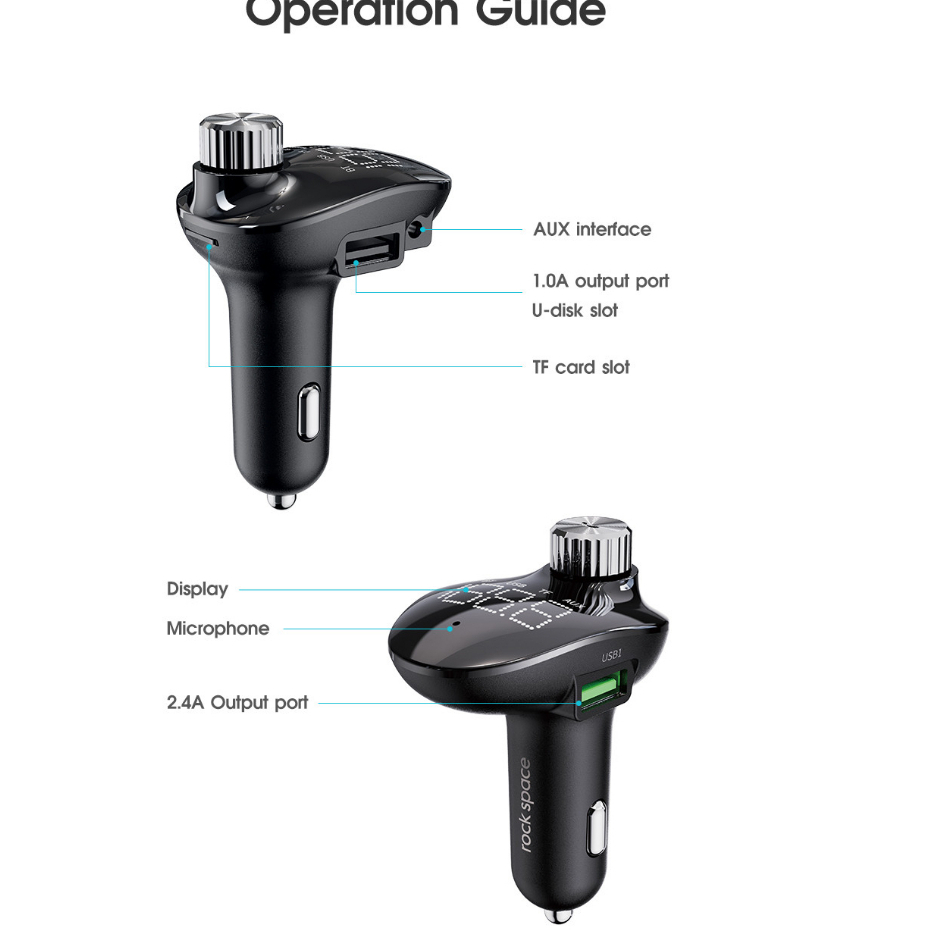 Tẩu sạc trên xe hơi kiêm đầu thu/ phát FM Rockspace B302 kết nối bluetooth hàng chính hãng bảo hành 12 tháng