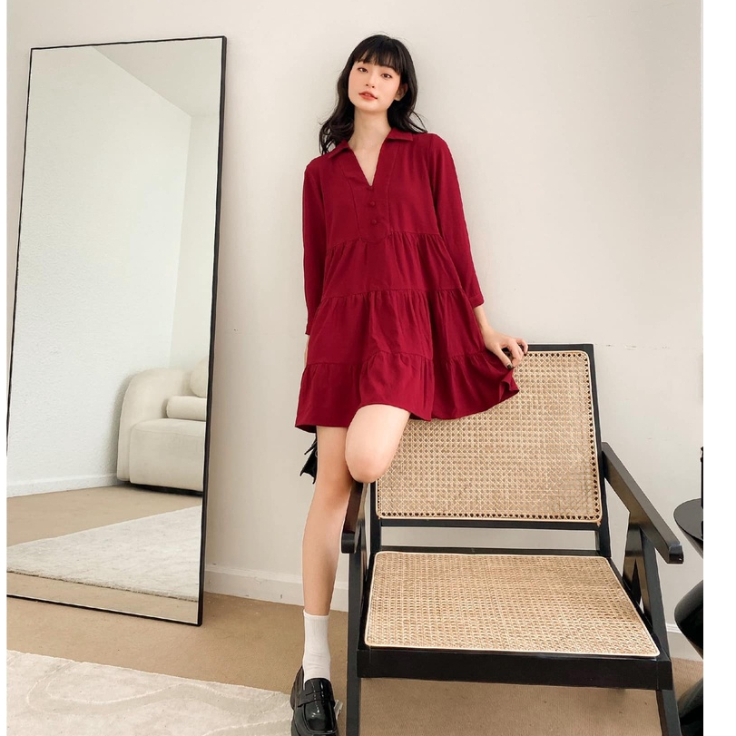 TUBYCATU | Đầm sơ mi đỏ 3 tầng