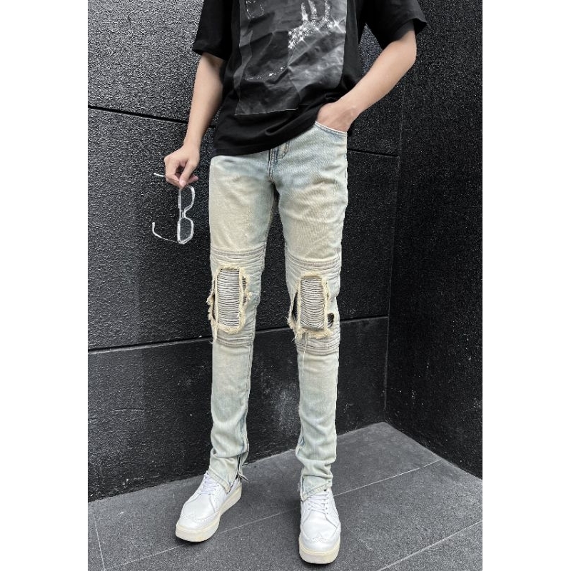 Quần jean nam QJ35 MAKVN miếng vá Bike màu xanh nhạt rách gối from bó phong cách năng động đường phố