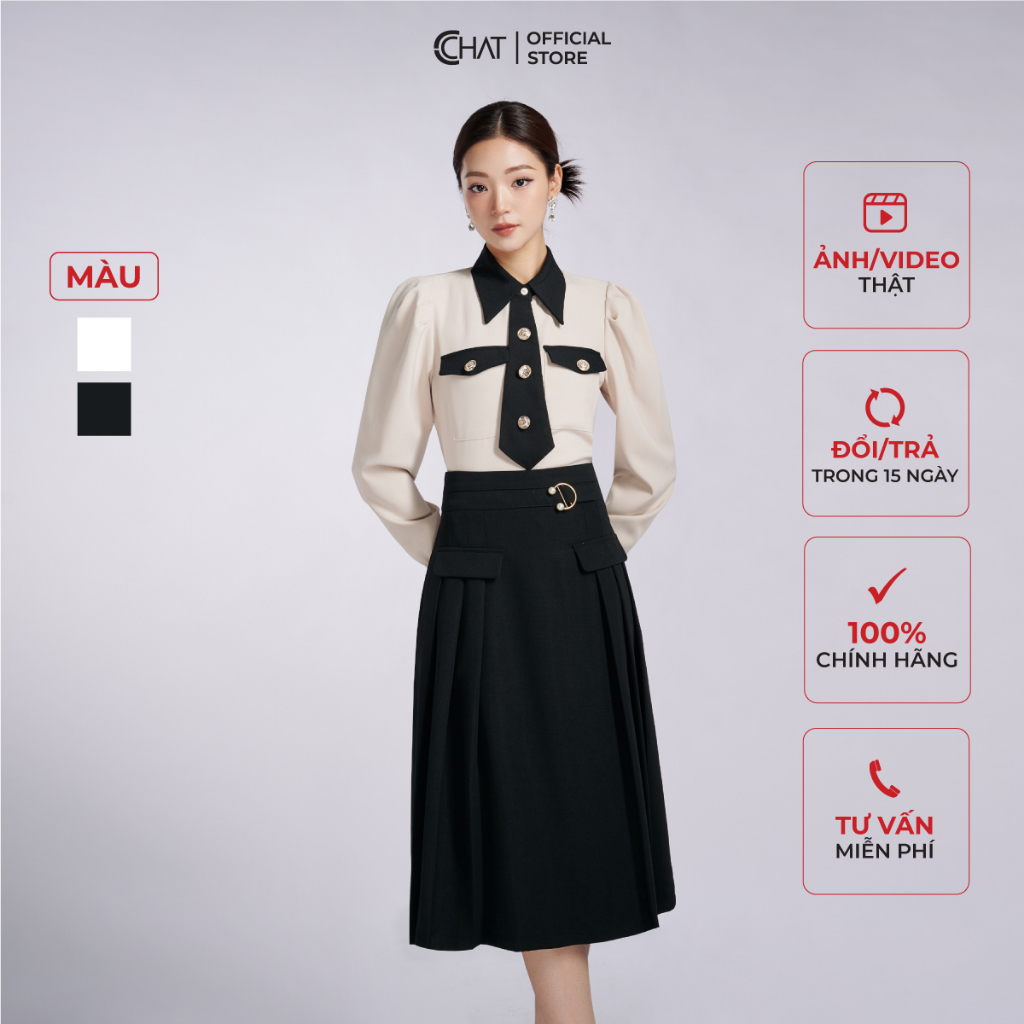 Chân Váy 𝐂𝐂𝐇𝐀𝐓 Cạp Kiểu Xòe Ly Bên Sườn Chất Tuytsi Cao Cấp 53CDS2001AT