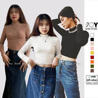Áo cổ lọ tay dài Cotton 100% JOY BABE áo croptop cổ cao đồ đi đà lạt thun ôm body thu đông E CROD 3