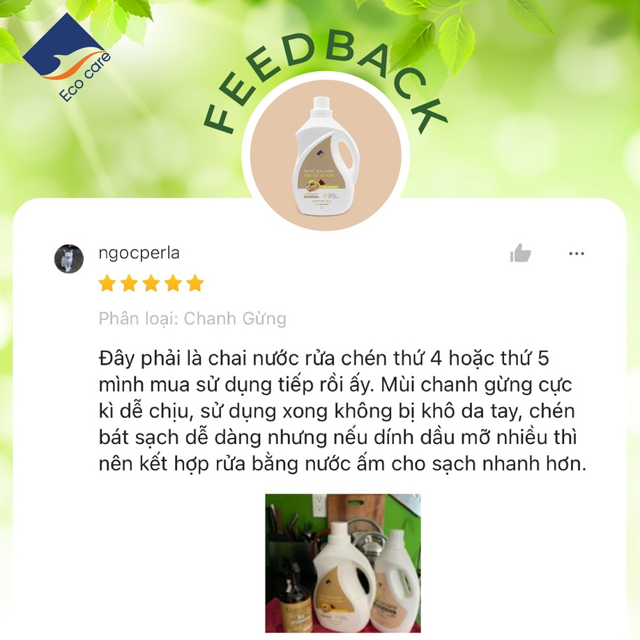 Nước Rửa Bát, Nước Rửa Chén Hữu Cơ Bồ Hòn Hương Chanh Gừng ECOCARE 4000ml Bảo Vệ Da Tay, Khử Mùi Tanh Hiệu Quả