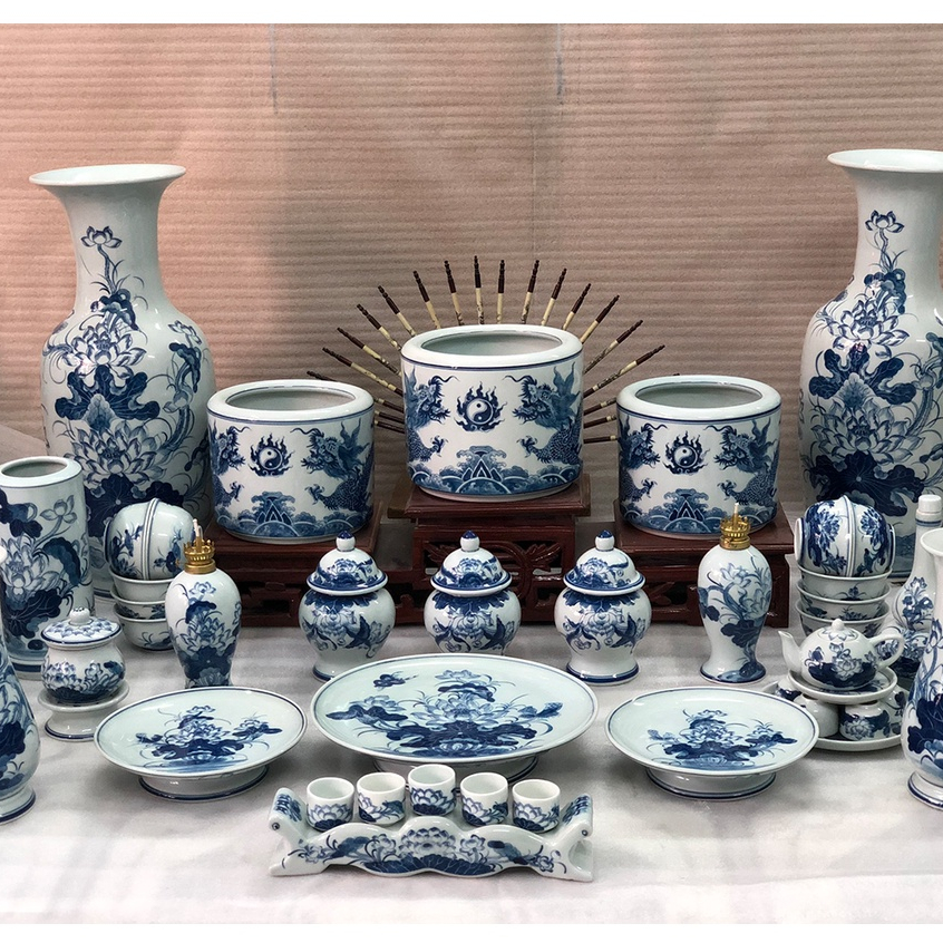 Bộ đồ thờ gia tiên, đồ thờ thần tài gốm sứ bát tràng cao cấp, Bộ đồ thờ men xanh, Bát hương sứ
