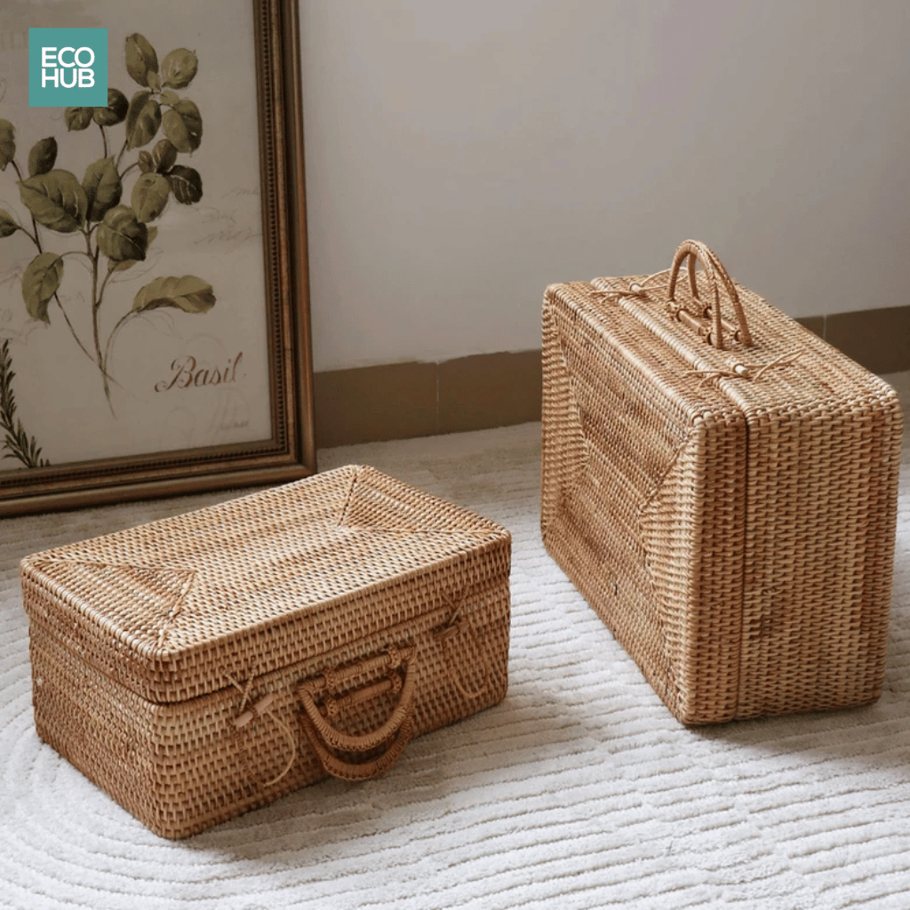 Vali mây đựng đồ ECOHUB có quai xách đi du lịch, trang trí Tết, dã ngoại 46x32x20cm