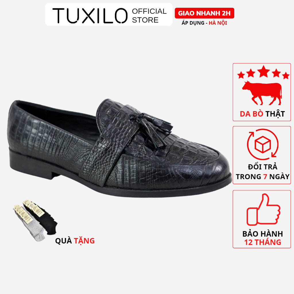Giày da nam công sở loafer TUXILO giày tây nam dáng lười gắn lơ chuông da bò thật dập vân cá sấu cao cấp TX57