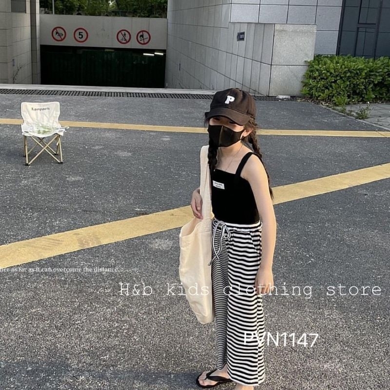 Set áo 2 dây kẻ quần dài ống suông rộng chất cotton cho bé gái