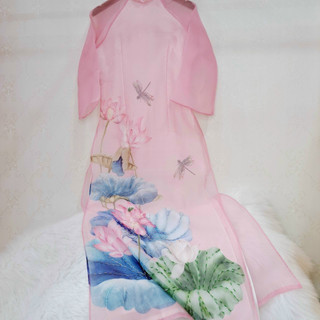 Áo dài dài Organza (quần+áo) trắng hồng