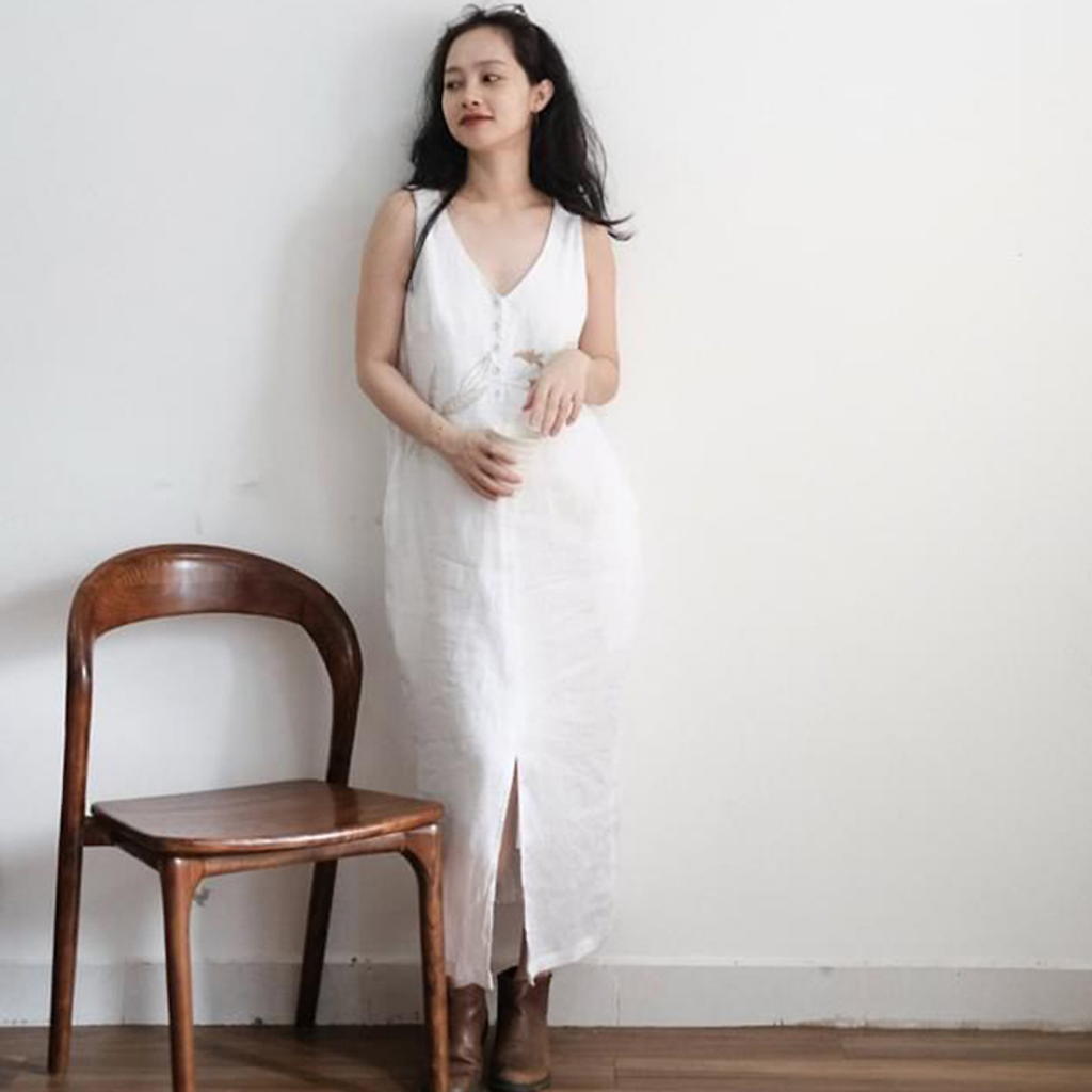 (TỔNG KHO LÂM ANH CHUYÊN SỈ) Đầm suông Linen không tay cổ V dáng dài 2 lớp thêu hoa sang trọng - Trắng