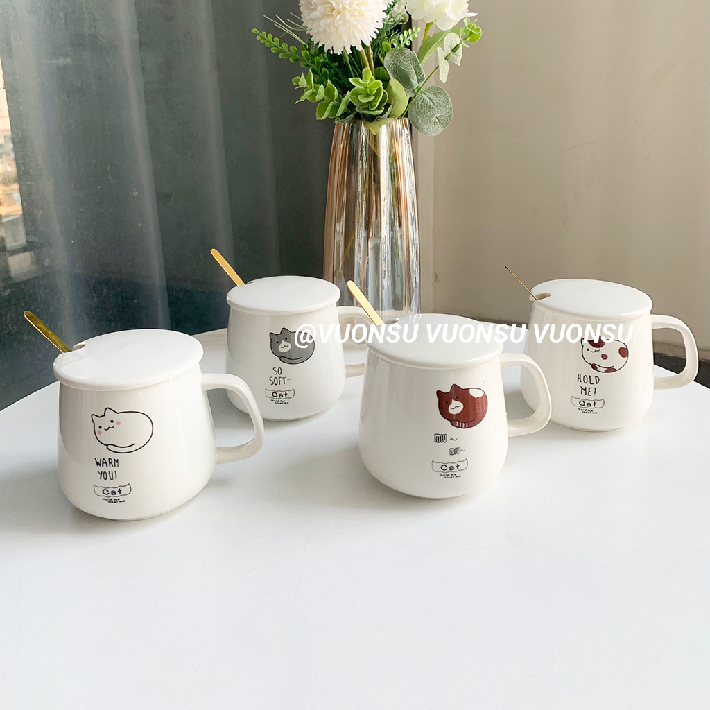 Cốc sứ uống nước cốc cà phê họa tiết mèo đáng yêu kèm nắp và thìa - VS411